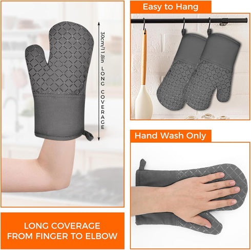 2 Pcs Oven Mitts Heat Resistant for Kitchen, Kitchen Oven Gloves, Long Oven Mitts and Pot holder with Non-Slip Silicone Stripe Soft Cotton Lining,...